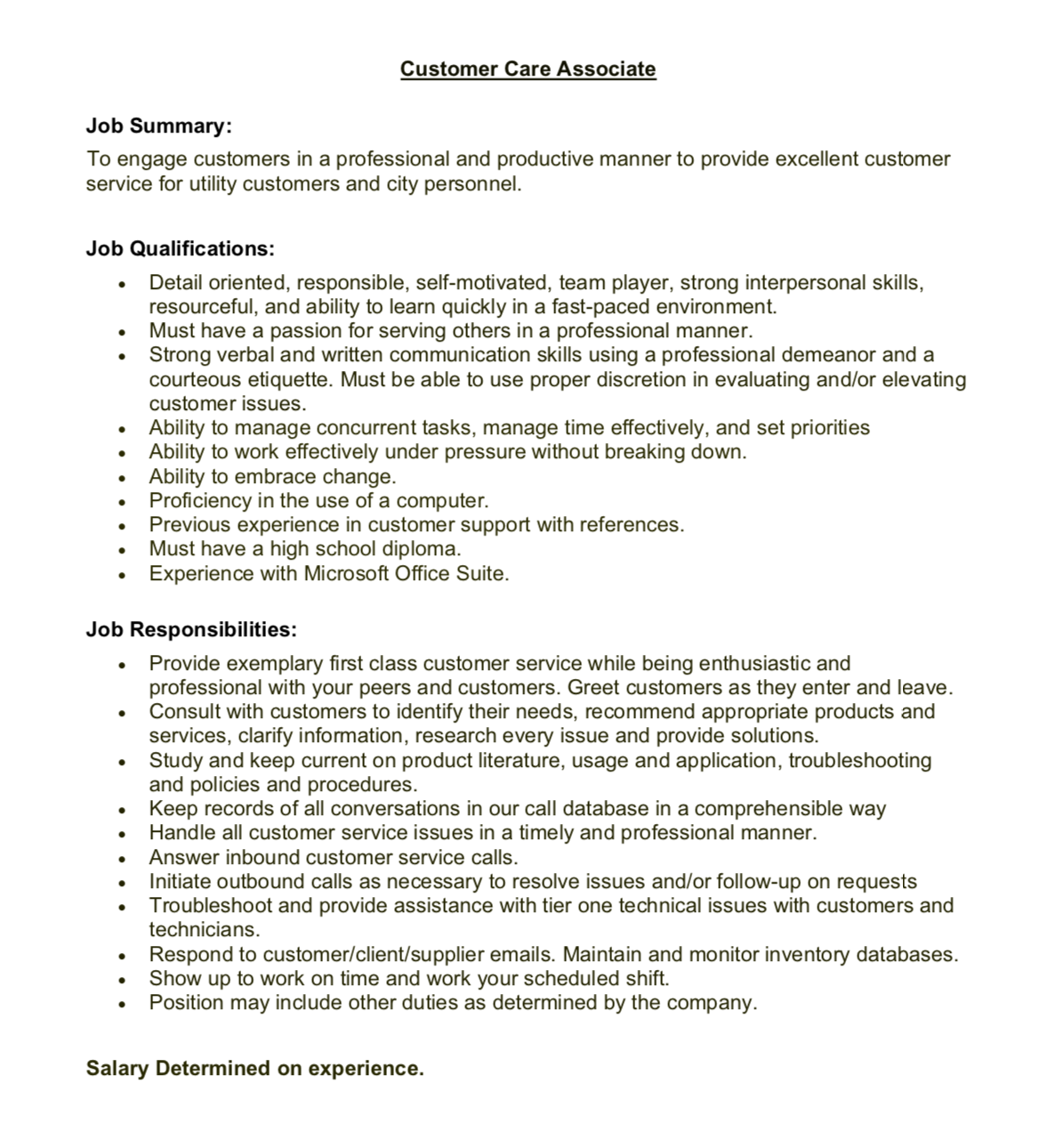 Job description of customer service associate