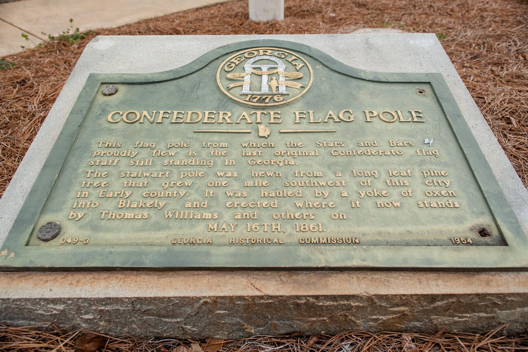 A Confederate Flagpole, raised in April 1861 at the Early County Courthouse, still stands today. Encased in fiberglass for the 100th anniversary of the American Civil War, the flagpole, made of white pine, stands as a tribute to the Early County Confederate veterans who marched off to war as ordered by the State of Georgia.